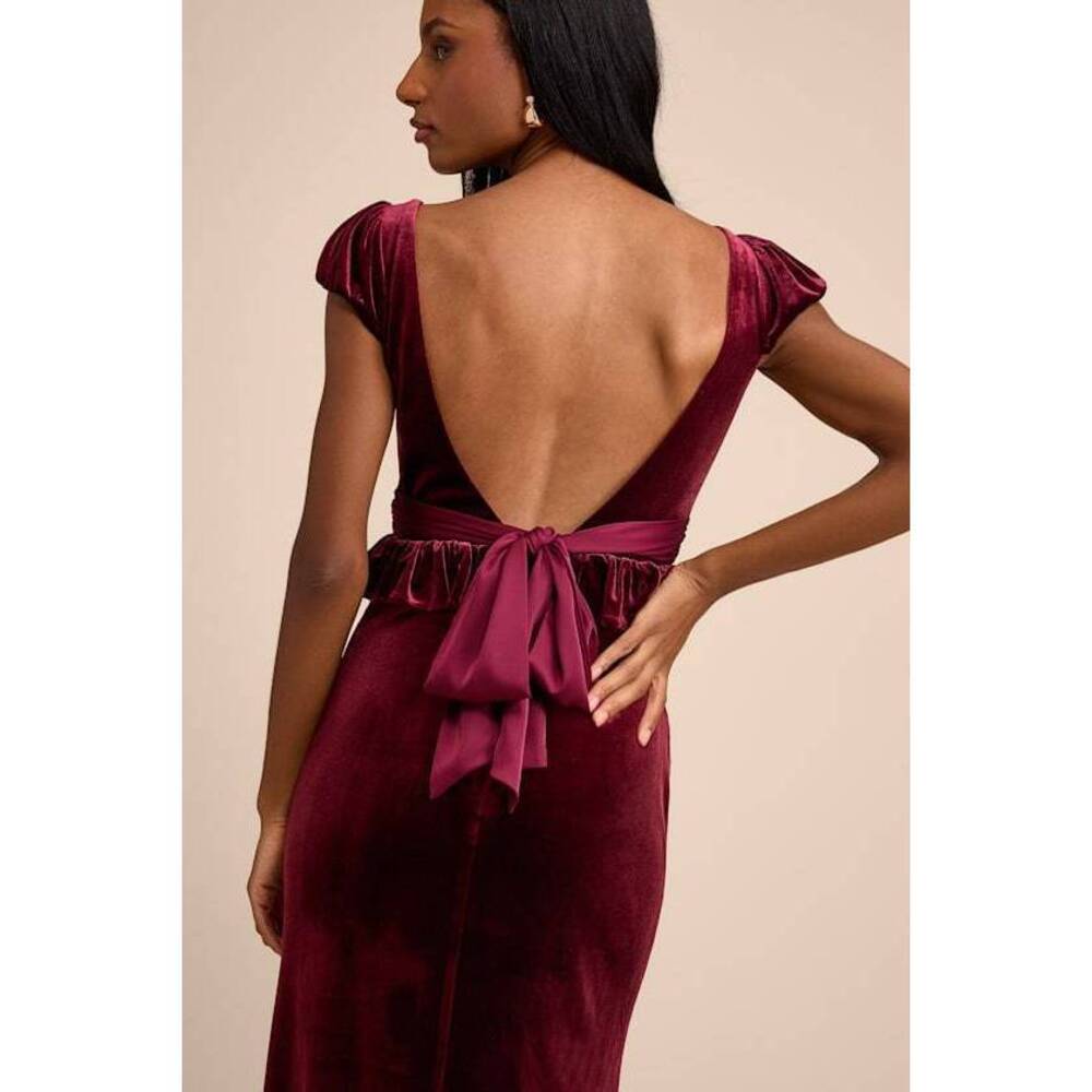 Lulus Romari Burgundy Velvet Ruffled Puff Sleeve Bow Maxi Dress Red - Size L